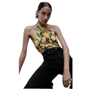 Zara Halter Top Bodysuit Size Small S Black Yellow Roses Floral Twist Neck